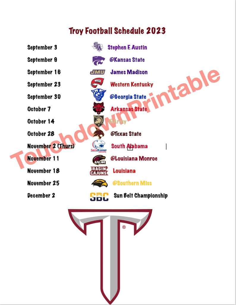 Troy 2023 Football Printable Schedule Printable Schedule Etsy