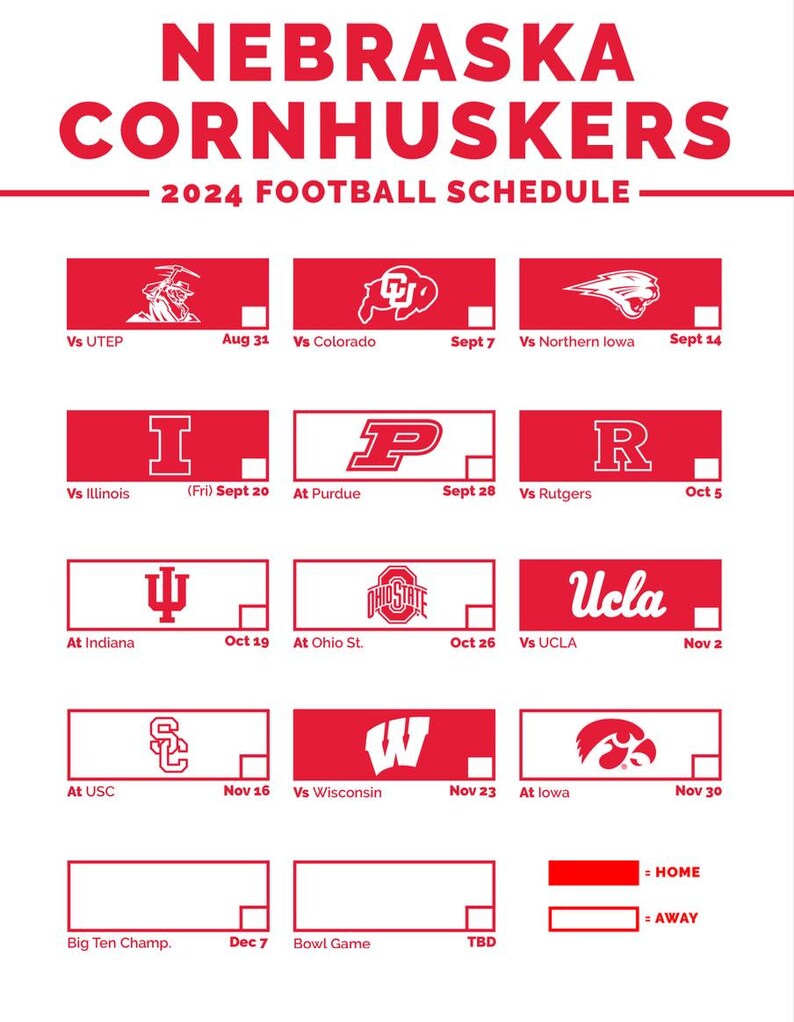 Nebraska Football Schedule 2024 B1G Etsy