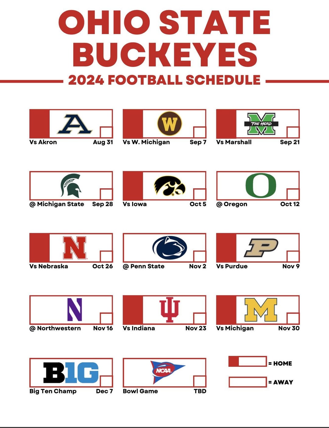 Ohio State Football 2024 Printable Schedule Football Schedule Team Schedule Big Ten Etsy