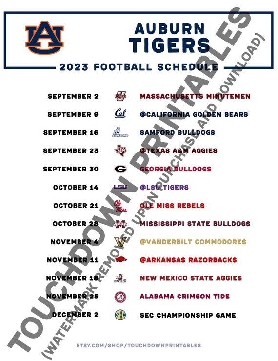 Auburn Football 2023 Printable Schedule Tigers SEC, 06/22/2024