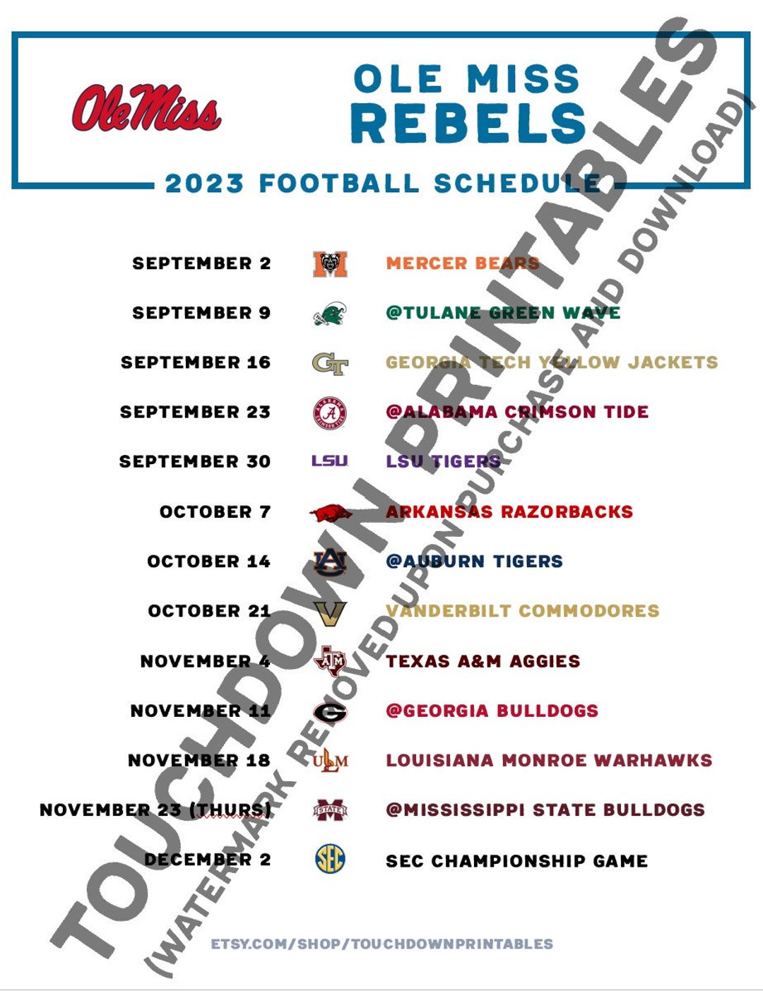 Ole Miss Football 2023 Printable Schedule Rebels SEC Printable Schedule