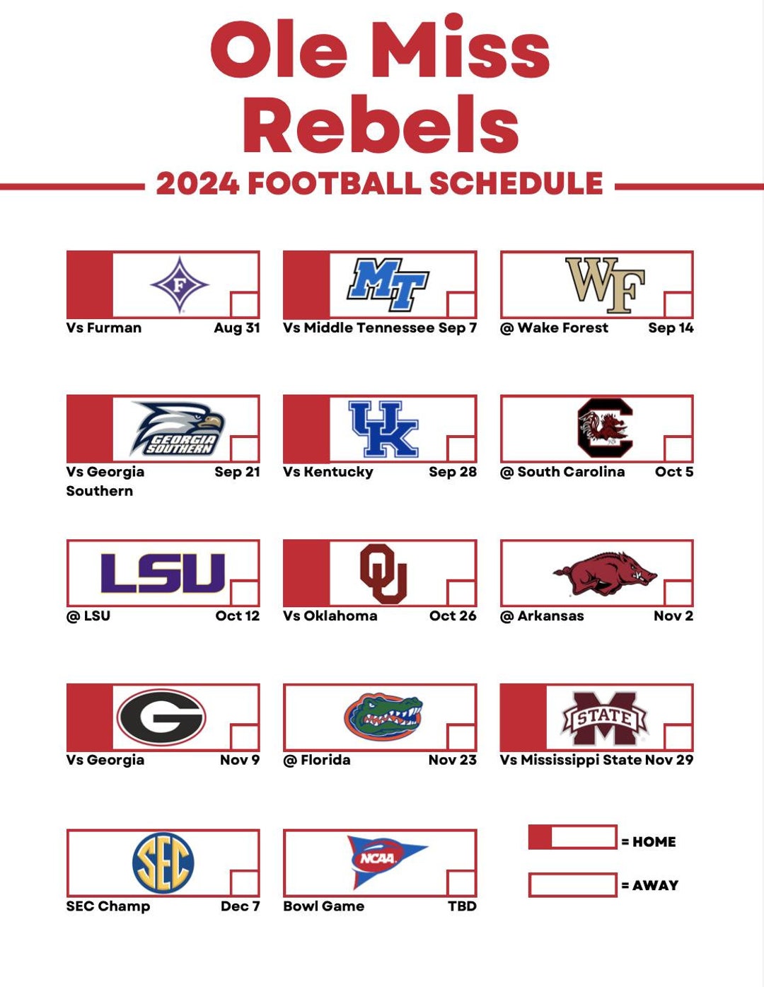 Ole Miss Football 2024 Printable Schedule Rebels SEC Printable Schedule