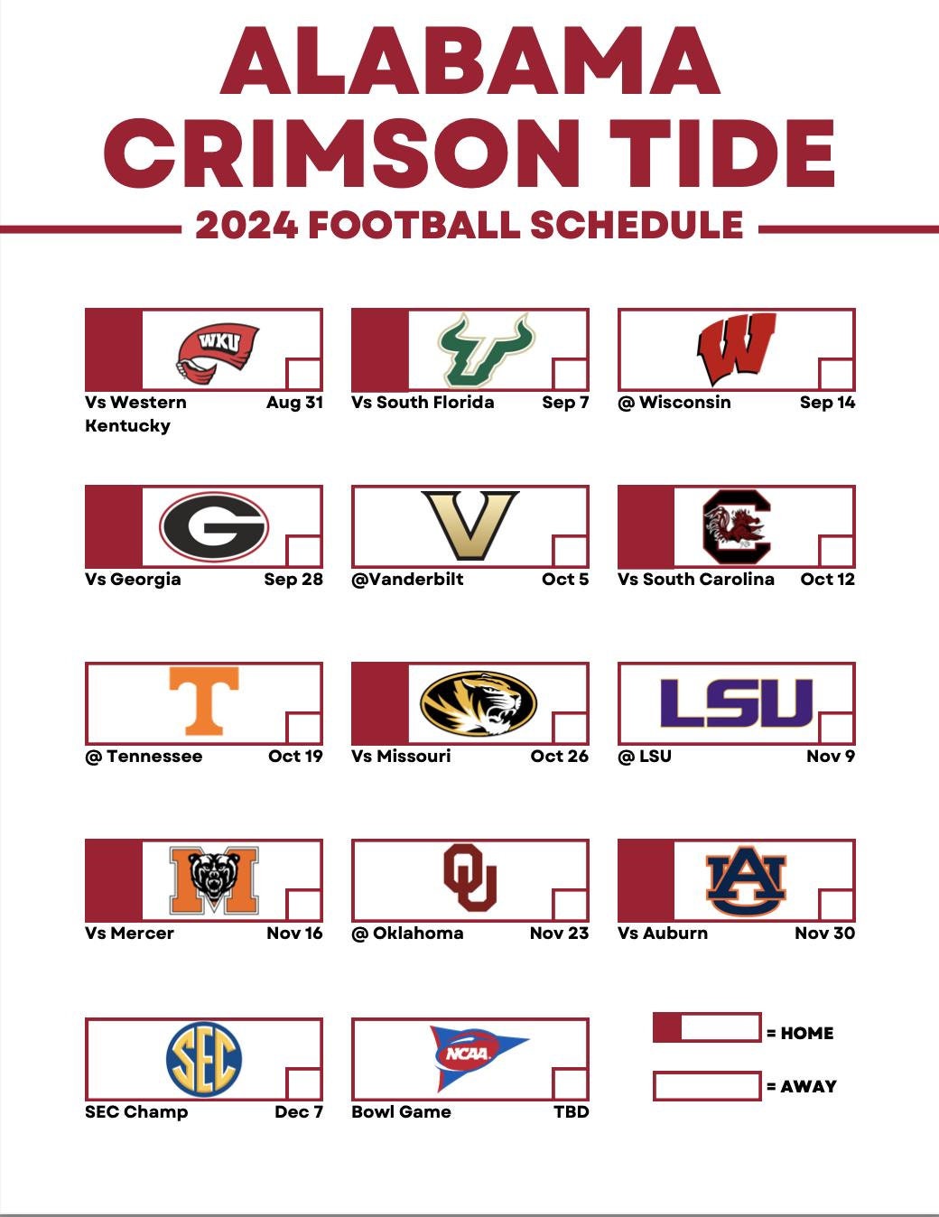Alabama Football 2024 Printable Schedule Crimson Tide SEC Printable Schedule Football Etsy