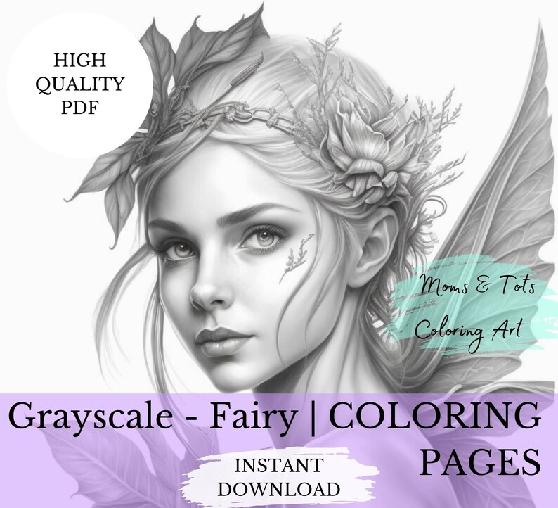 Fairy Grayscale Coloring Pages Printable Adults Coloring Pages Etsy