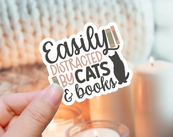 Adesivo facilmente distratto da gatti e libri | Adesivi fustellati grandi | Adesivi pianificatore | Adesivi per amanti dei libri | Gatto Amore | Adesivi per topi di biblioteca