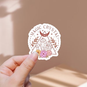 Pegatina troquelada celestial de cristal mágico | Pegatina brillante impermeable | Pegatinas de diamantes de luna celestial | Pegatinas de regalo místico de luna floral