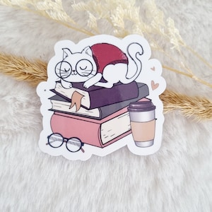 Simpatico gatto che dorme sui libri | adesivo fustellato impermeabile grande | Adesivo topo di biblioteca | Lettura dell'adesivo | Amante dei gatti | Gatti Libri Caffè