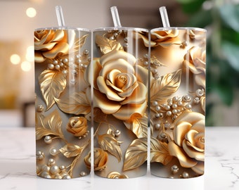 3D Pearl Gold Roses Flowers Botanical 20 oz Skinny Tumbler Sublimation Design, Straight And Tapered Tumbler Wrap, Instant Digital Download