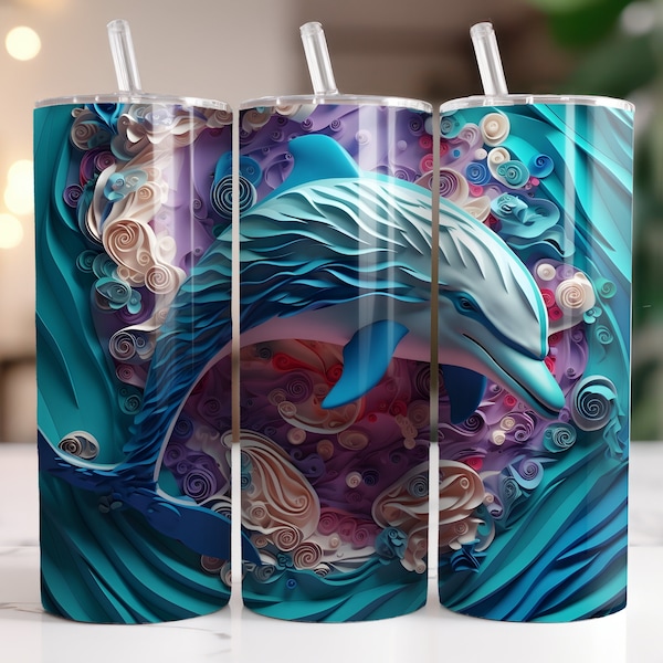 3D Delfin 20 oz Skinny Becher Sublimation Design, gerade und konisch Tumbler Wrap, sofortiger digitaler Download PNG, 3D Tiere Tumbler Wraps