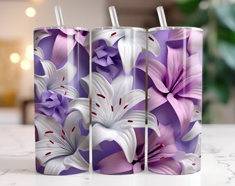 3D White Purple Lilies Flowers 20 oz Skinny Tumbler Sublimation Design, Straight And Tapered Tumbler Wrap, Instant Digital Download PNG