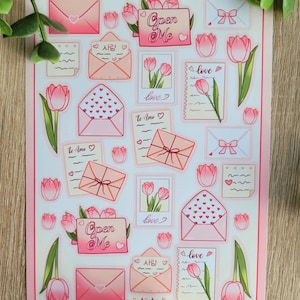 Folha de adesivos de cartas de amor | Polco | Adesivos fofos | Holográficos | Adesivos de decoração | Adesivos de carregador superior | Carta | Tulipas
