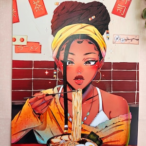 Impression d'art ramen | Art de fille noire | Art original | carte photo | Animés | Impression artistique | Art numérique | Mangas | Boutique de ramen | locs |Bohème