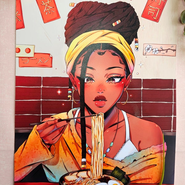 Ramen Art Print | Black Girl Art  |Original Art | Photo Card | Anime | Art Print | Digital Art | Manga | Ramen Shop | locs |Boho