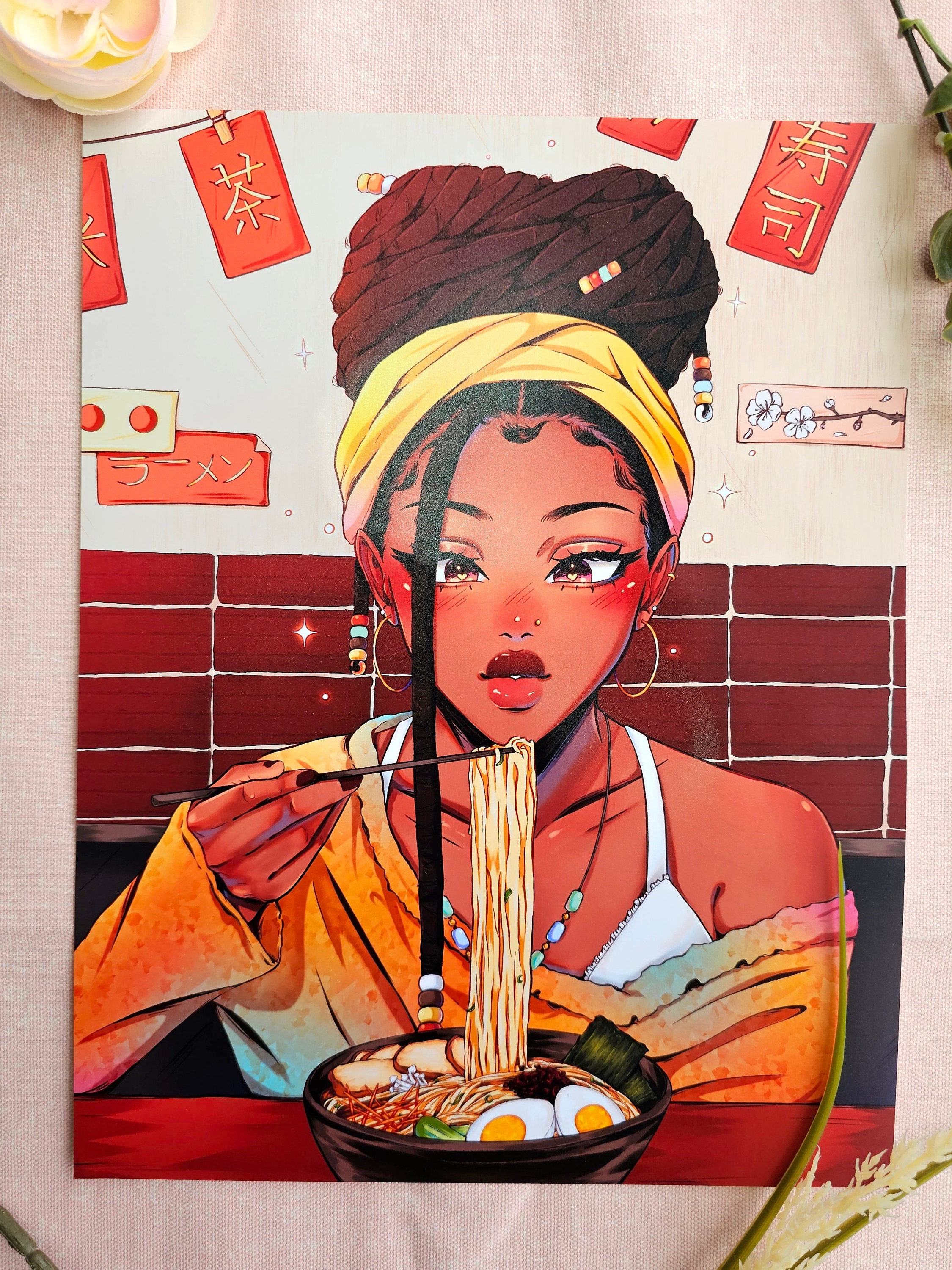 Ramen Art Print | Black Girl Art  |Original Art | Photo Card | Anime | Art Print | Digital Art | Manga | Ramen Shop | locs |Boho