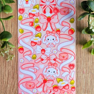 Erdbeere Coquette Stickerbogen | Polco | Niedliche Aufkleber | Holographisch | Aufkleber | Toploader Sticker | Hase | Bänder | Bögen