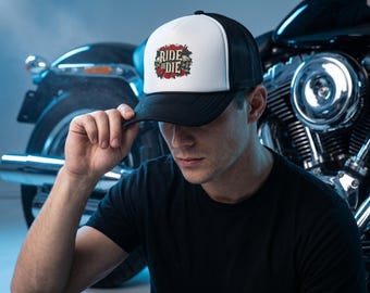 Ride or Die Trucker Cap | Skull and Roses Motorcycle Design Unisex Men Women