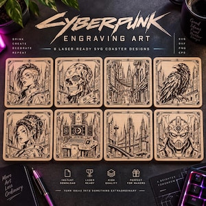 Puede incluir: Un conjunto de ocho posavasos cuadrados de madera con diseños cyberpunk grabados con láser, que incluyen retratos de personajes, una calavera, un cuervo, un samurái y paisajes urbanos futuristas, con el texto CYBERPUNK ENGRAVING ART.