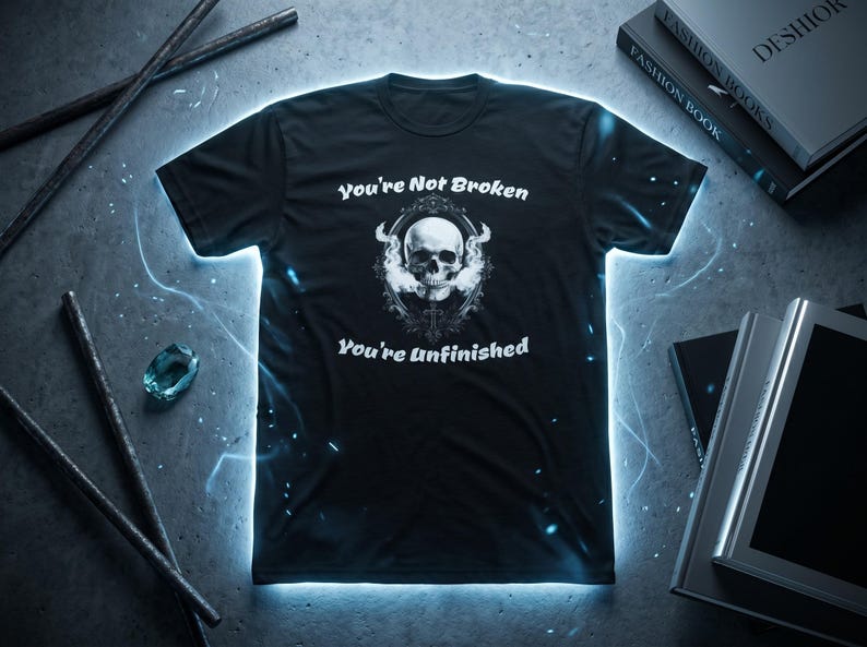 Pu&ograve; includere: Una t-shirt nera a maniche corte con una grafica bianca di un teschio centrato all'interno di una cornice ovale decorata. Il testo "You're Not Broken" appare sopra il teschio e "You're Unfinished" &egrave; stampato sotto in lettere bianche.