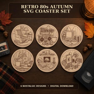 Könnte beinhalten: Ein Set aus sechs runden Holzuntersetzern mit eingravierten Illustrationen im Stil der 80er-Jahre-Herbstzeit, darunter ein gemütlicher Sessel, ein Ghettoblaster, ein alter Fernseher, ein Fensterblick, ein Kamin und ein Kassettenrekorder.