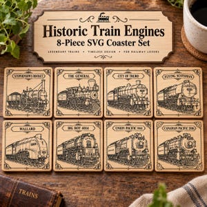 May include: An 8-piece wooden coaster set featuring laser-engraved illustrations of historic train engines including Stephenson's Rocket, The General, City of Truro, Flying Scotsman, Mallard, Big Boy 4014, Union Pacific 844, and Canadian Pacific 2816.