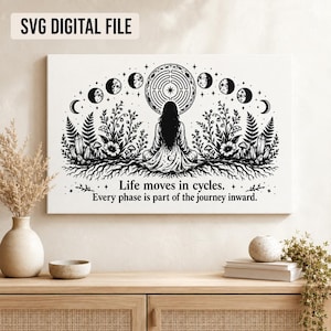 May include: A black and white digital print featuring a person sitting in a meditative pose beneath a labyrinth symbol and moon phases. The design includes botanical elements, crystals, and the text: Life moves in cycles. Every phase is part of the journey inward.