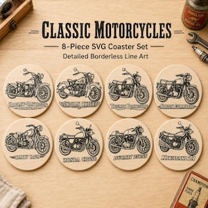 May include: An 8-piece set of round wooden coasters featuring black line art illustrations of classic motorcycles. Each coaster displays a specific model name including Harley-Davidson Panhead, Indian Chief, Triumph Bonneville, Norton Commando, BMW R69, Honda CB750, Ducati 750SS, and Kawasaki Z1.