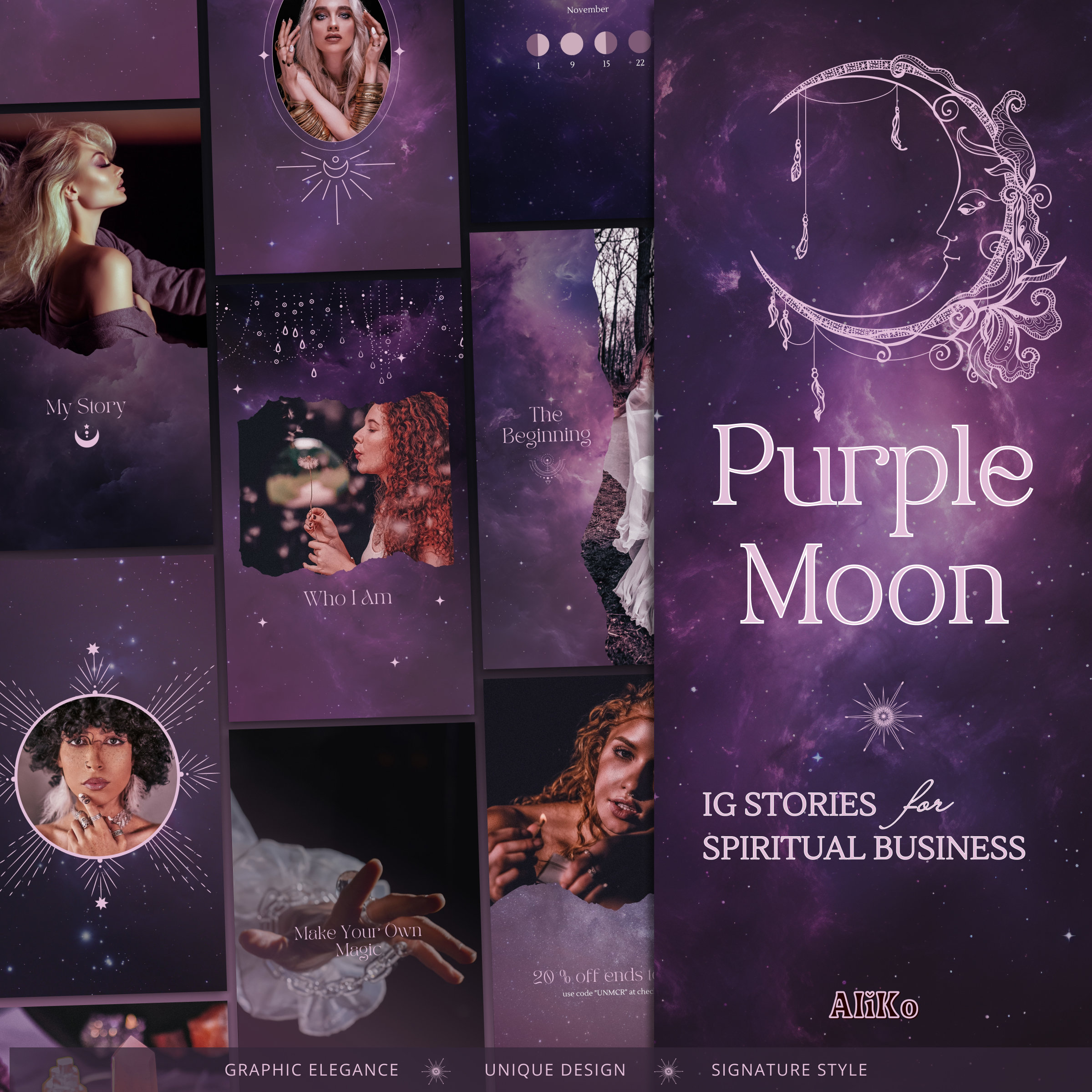 Spiritual Instagram Stories: purple, dark, celestial | Witchy & Hand drawn Canva Story Templates | Mystical IG | Tarot, Astrology and Moon