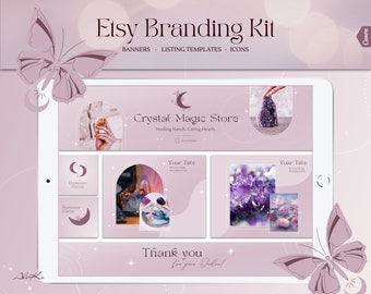 Etsy Shop Kit for Crystal shop: spiritual, purple, esthetician | Banner, Listing and Receipt Templates in Canva | Branding set for sellers