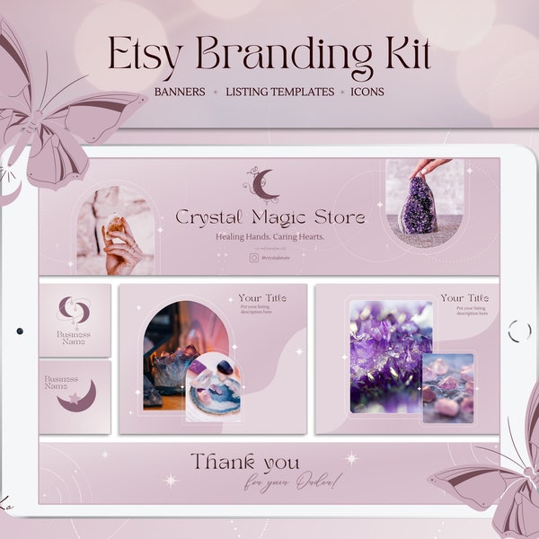 Etsy Shop Kit for Crystal shop: spiritual, purple, esthetician | Banner, Listing and Receipt Templates in Canva | Branding set for sellers