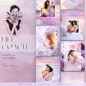 Könnte beinhalten: Ein Satz von neun Instagram-Post-Vorlagen für Lebenscoaches. Die Vorlagen zeichnen sich durch ein lila und pinkfarbenes Farbschema mit floralen Designs und Bildern von Frauen aus. Der Text auf den Vorlagen umfasst "Life Coach", "IG Posts for Life Coaches", "Purple Collection", "About Me", "How to Work", "You Can", "Anything", "Instagram Tales" und "Deals".