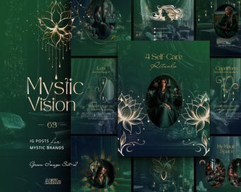 Coaching Templates Canva Instagram Post design for mystic guides, green and gold theme for astrology, tarot, or healing content - Aliko 03