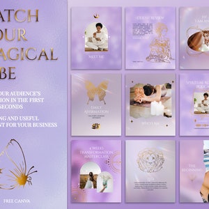 Spiritual Instagram Post Templates for online Reiki coach or Yoga business.

This lavender, purple and gold esthetician social media feed is created in Canva. Perfect and magical IG feed!