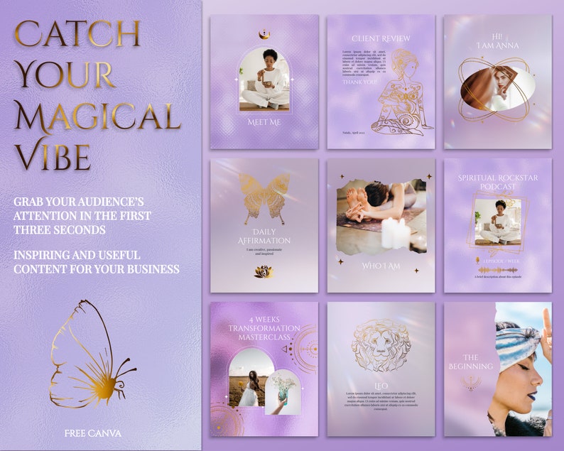 Spiritual Instagram Post Templates for online Reiki coach or Yoga business.

This lavender, purple and gold esthetician social media feed is created in Canva. Perfect and magical IG feed!