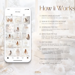 Spiritual Instagram: Elevate your feed with divine White & Gold Canva Templates. Perfect for Holistic and Reiki Coaches, crafting a mystic social media journey. Inspire with affirmations and healing visuals.