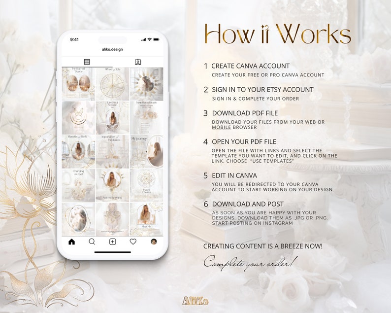 Spiritual Instagram: Elevate your feed with divine White & Gold Canva Templates. Perfect for Holistic and Reiki Coaches, crafting a mystic social media journey. Inspire with affirmations and healing visuals.