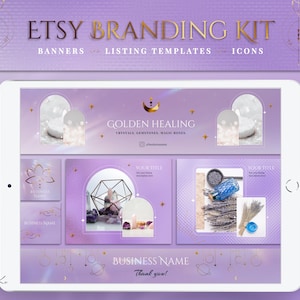 Etsy Shop Kit for Holistic brand: lavender, purple, gold in Canva | Spiritual Branding Bundle | Listing Templates & Order Receipt Banner