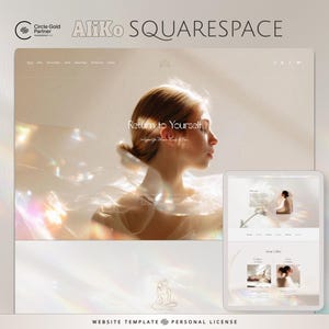 May include: A website template design with the text "AIKO SQUARESPACE" and "Return to Yourself". The design features a woman's profile and a tablet displaying the website layout. The overall color scheme is light and airy.