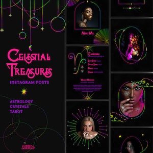 Spiritual Instagram Templates: dark, black, pink in Canva | Mystical Posts for Witchy coach | Tarot, Astrology IG | Plantillas social media
