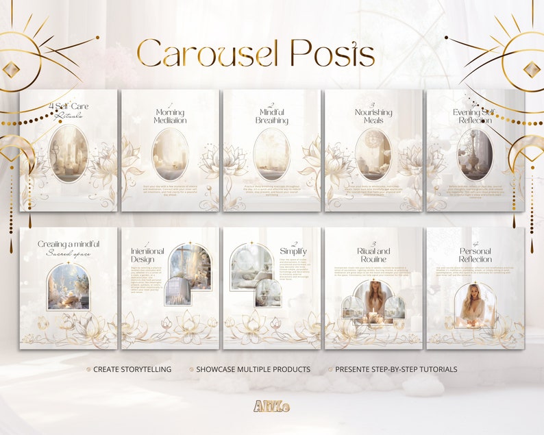 Spiritual Instagram: Elevate your feed with divine White & Gold Canva Templates. Perfect for Holistic and Reiki Coaches, crafting a mystic social media journey. Inspire with affirmations and healing visuals.