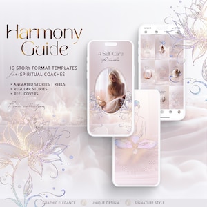 May include: A set of Instagram story templates for spiritual coaches. The templates feature a pink and gold colour scheme with a lotus flower design. The text "4 Self-Care Rituals" is displayed on one of the templates.