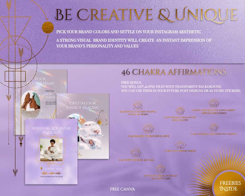 Spiritual Instagram Post Templates for online Reiki coach or Yoga business.

This lavender, purple and gold esthetician social media feed is created in Canva. Perfect and magical IG feed!