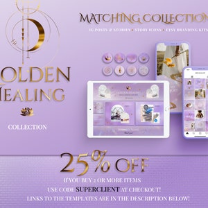 Spiritual Instagram Post Templates for online Reiki coach or Yoga business.

This lavender, purple and gold esthetician social media feed is created in Canva. Perfect and magical IG feed!