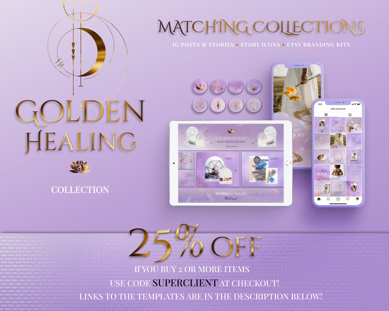 Spiritual Instagram Post Templates for online Reiki coach or Yoga business.

This lavender, purple and gold esthetician social media feed is created in Canva. Perfect and magical IG feed!