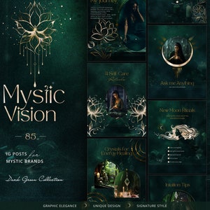 Spiritual Instagram Post Template: green, gold in Canva | Fantasy, Goddess IG | Holistic Coach | Tarot, Magick Eye & Astrology | Social Feed