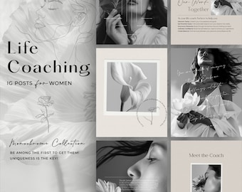 Life Coach Instagram Post Templates: weiß, schwarz, spirituell Canva Women Feed for Life & Wellness
