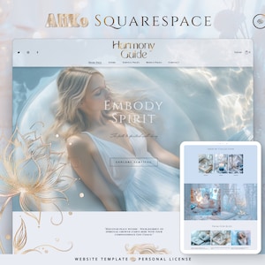 Peut inclure: Modèle de site Web pour une entreprise de bien-être spirituel appelée Harmony Guide. Le site Web présente une femme en robe blanche, une fleur de lotus et une section boutique par collection. Le texte "Embody Spirit" est présenté sur le site Web.