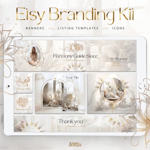 Puede incluir: Una maqueta digital de un kit de marca de Etsy con un esquema de color blanco y dorado. El kit incluye banners, plantillas de listado e iconos. El texto "Harmony Guide Store" aparece en uno de los banners.