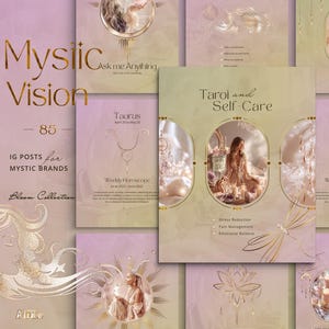 Könnte beinhalten: Eine Sammlung von Instagram-Post-Vorlagen für mystische Marken. Das Design verwendet eine weiche Farbpalette aus Rosa, Gold und Creme. Der Text enthält "Mystic Vision", "Tarot und Selbstpflege" und "Wochenhoroskop".