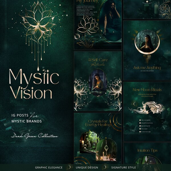 Modèle de publication Instagram Spiritual : vert, or sur Canvas | Fantaisie, déesse IG | Coach holistique | Tarot, oeil magique et astrologie | Flux social