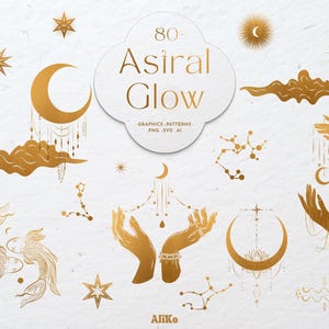 May include: A collection of gold-colored celestial and mystical graphic elements including crescent moons, stars, constellations, koi fish, and hands holding hanging ornaments. The central text reads 80 Asiral Glow Graphics Patterns PNG SVG AI, with the brand name Aliko at the bottom.